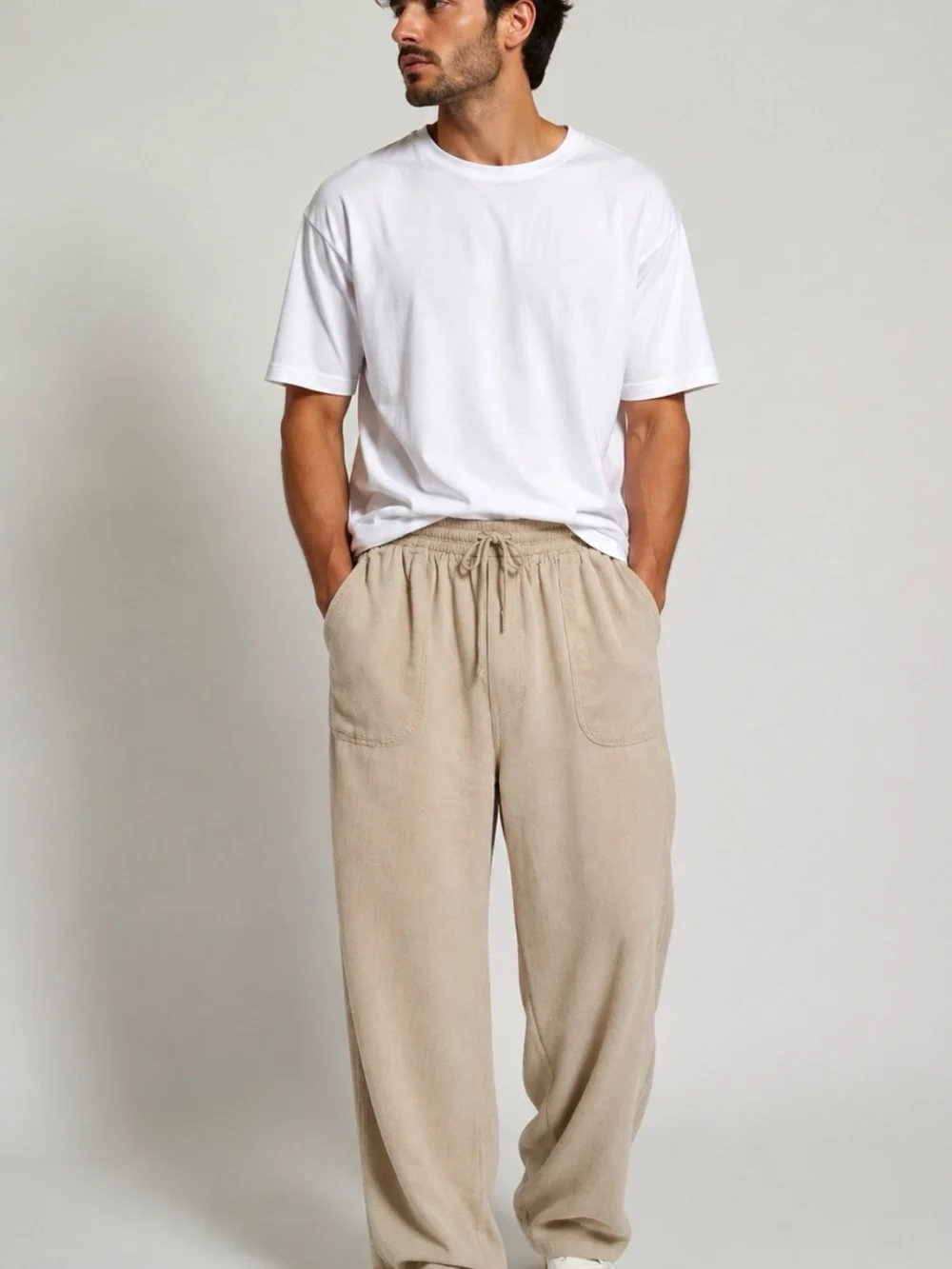 Men's Drawstring Relaxed Joggers in Light Beige